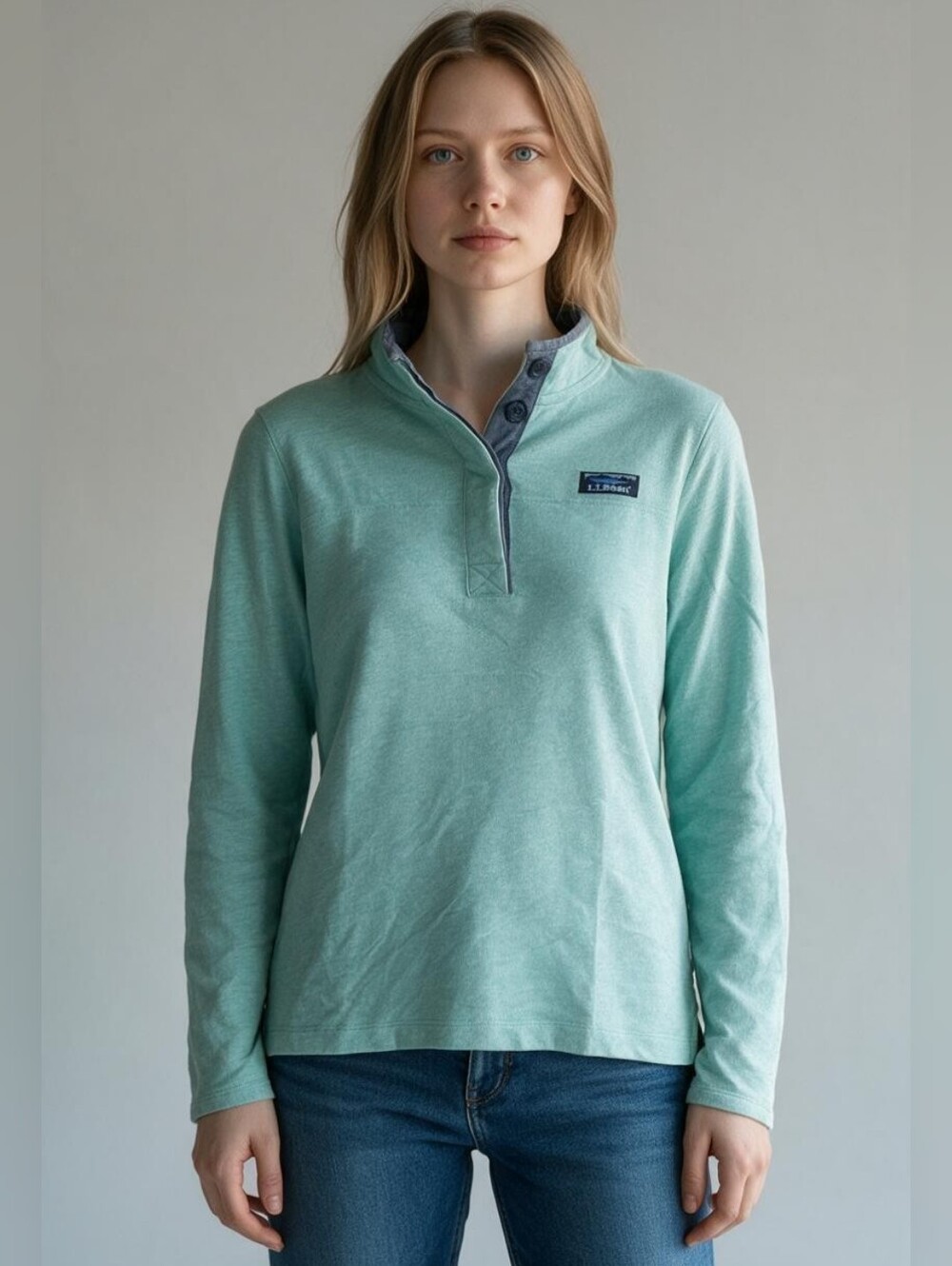 L.L. Bean Mint Green 1/4 Button Front Long-Sleeve Top SZ S